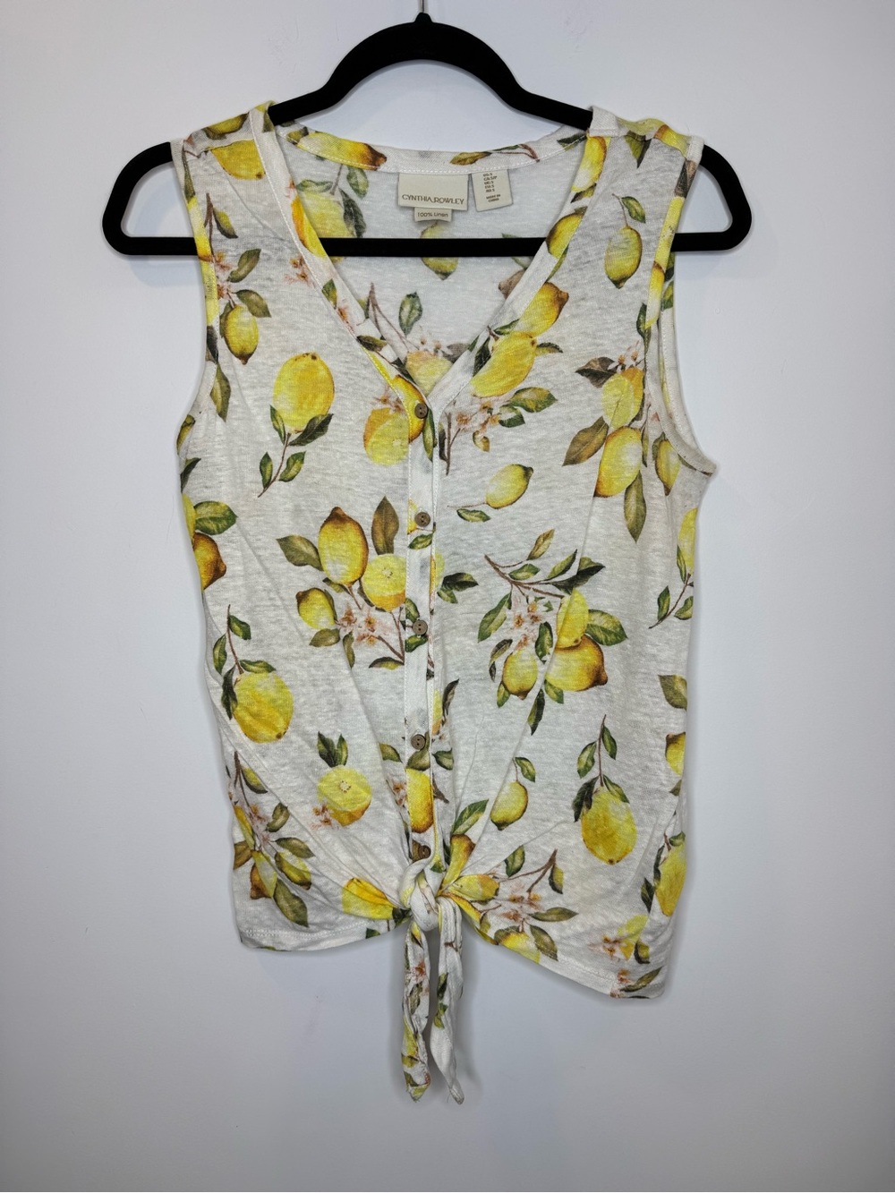 Cynthia Rowley Yellow Lemon Tie-Front Sleeveless Top 100% linen sz small